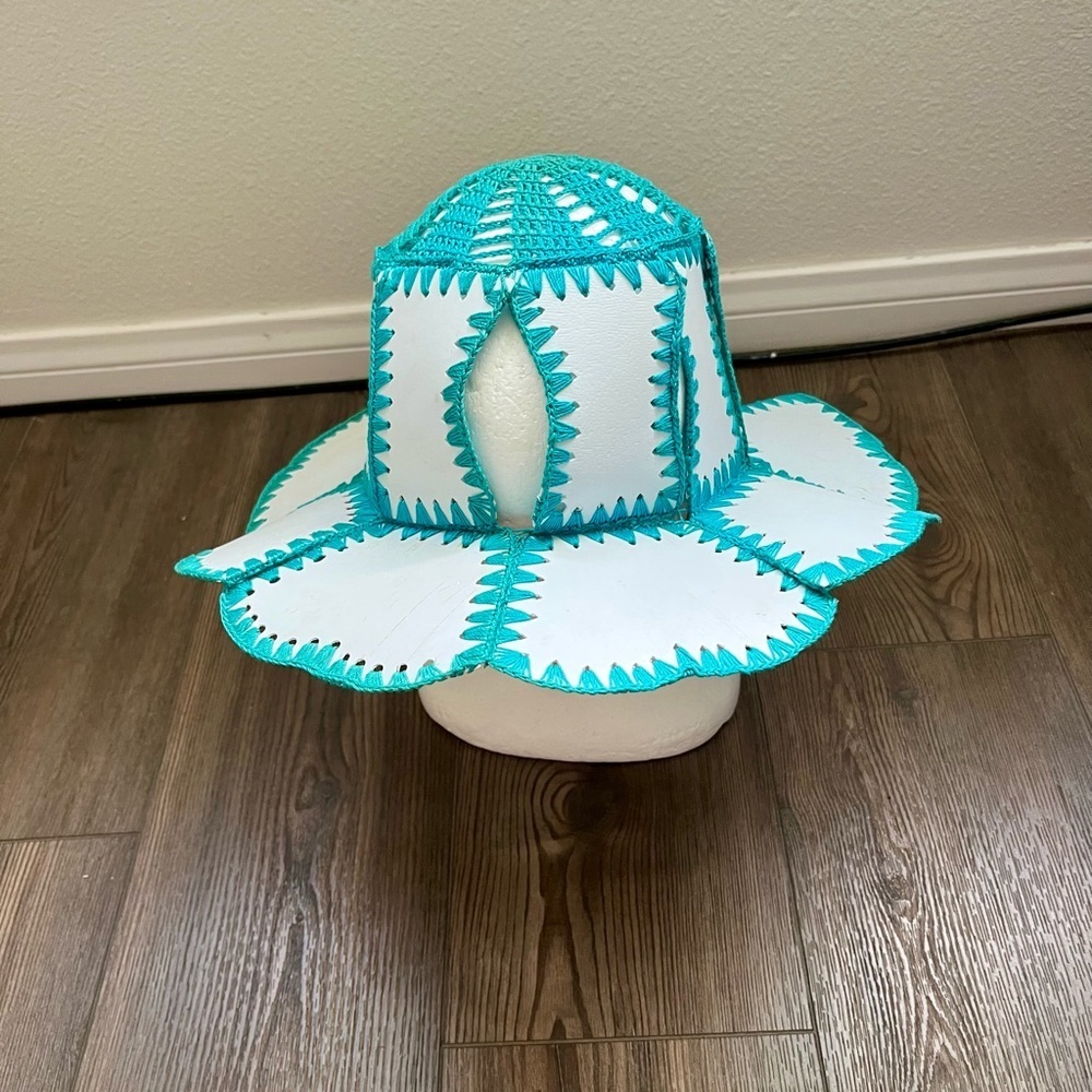 Turquoise and White Crochet Hat folded